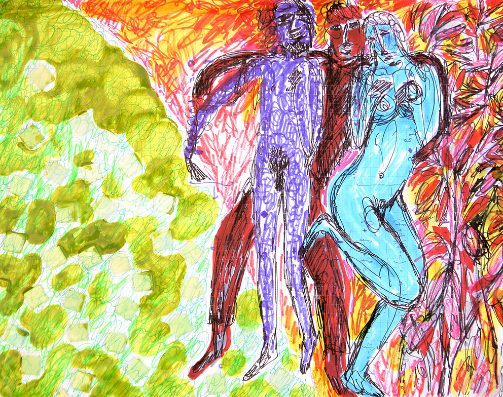 the expulsion of adam and eve from the paradise of ignorance to the terrible pastures of knowledge (drawing by Franka Waaldijk)