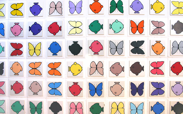 butterflies, fish (wallmosaic detail, 2005 ~ 100 x 250 cm ~ acrylic, lacquer, plastics on tiles ~ private, beek)