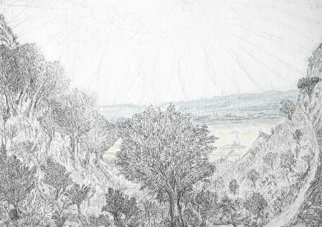 view of the pyrenees from palau-saverdera (2007 ~ 30 x 40 cm ~ ink, pencil, graphite, pastel on paper)