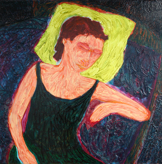 sleeping woman (schilderij 1992-2006 ~ 100 x 100 cm ~ acryl, inkt, diverse papieren op doek)