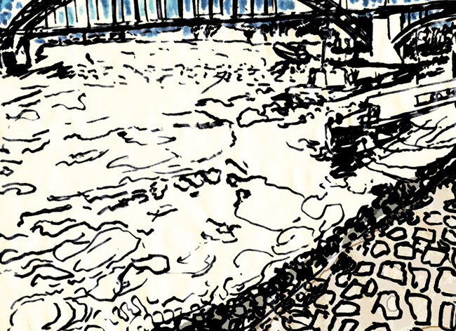 waal quay and waal bridge by nijmegen (waalkade, waalbrug, 1993-2008 ~ 24 x 30 cm ~ marker & alcohol on paper, digitally reworked)