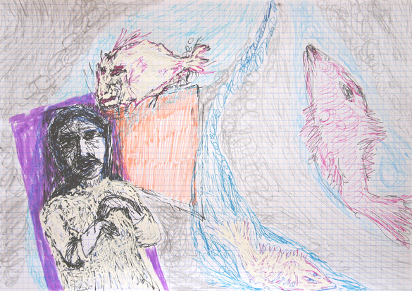 woman's dream of fish (2007 ~ 21 x 30 cm ~ gemengde techniek op ruitjespapier)