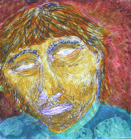 self portrait as unorthodox thinker (2005 ~ 21 x 20 cm ~ mixed technique on paper)