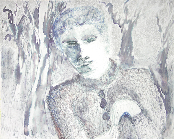 self portrait walking in the woods (2005 ~ 21 x 30 cm ~ mixed technique on paper)