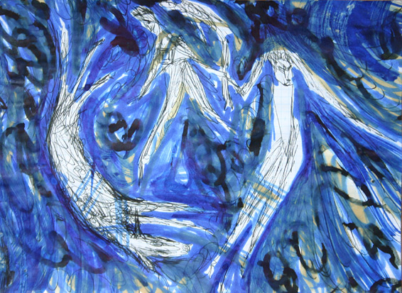 zondvloed (2005), dieren, mensen, wegspoelend door het allesoverweldigende water. (marker, inkt, jodium en acryl op papier)